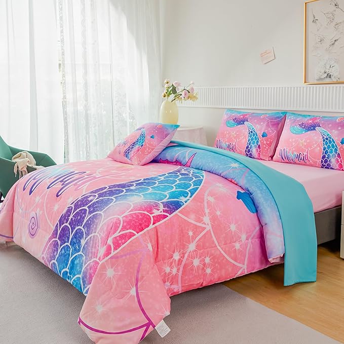 RYNGHIPY Mermaid Kids Girls Comforter Set Twin Size Pink Blue Gradient Fish Tail Bed in a Bag - includes Comforter & Sheet Set for Teens Girls Super Soft Kids Bedding