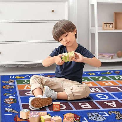 Machine Washable Educational Alphabet Design Non-Slip Rubberback 3x5 Kid's Area Rug for Playroom, Kid's Room, Bedroom, Kindergarten, 3'3" x 5', Blue