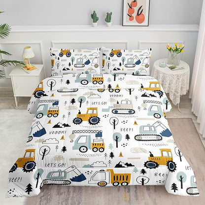 Datura home Kids Cartoon Excavator Bedding Comforter Sets for Boy and Girls,Construction Truck Bulldozer Tree Pattern Comforter Set with 2 Pillowcase and 1 Comforter(Excavator Queen)