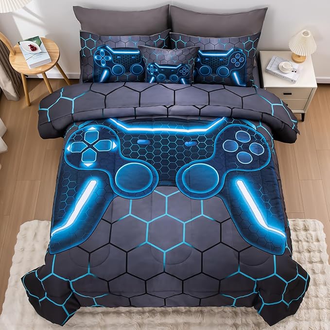 8Pcs Game Console Comforter Set with Sheets for Boys Girls Kids Teens, Geometric Gaming Themed Bed in A Bag Full Size, Blue 3D Video Gamer Controller Bedroom Decor Bedding Set-Blue