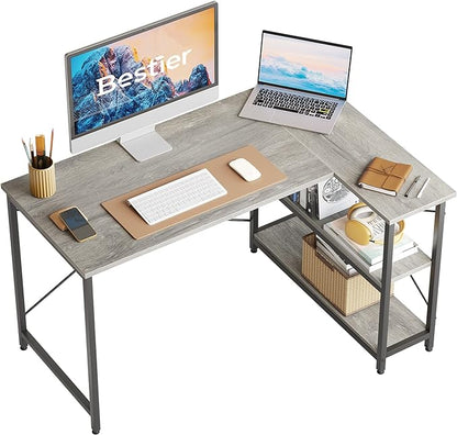 Bestier Small L Shaped Desk with Shelves 47 Inch Reversible Corner Computer Desk Writing Gaming Storage Table for Home Office Small Space, Gray Oak