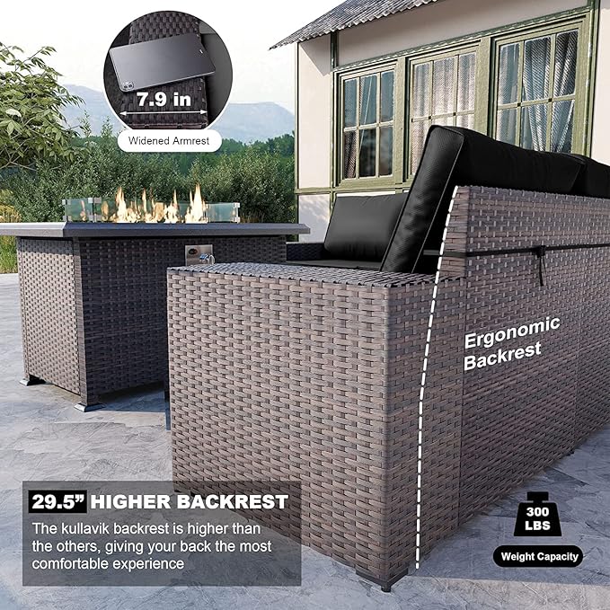 Kullavik 7 Pieces Outdoor Patio Furniture Set with 43" 55000BTU Gas Propane Fire Pit Table PE Wicker Rattan Sectional Sofa Patio Conversation Sets