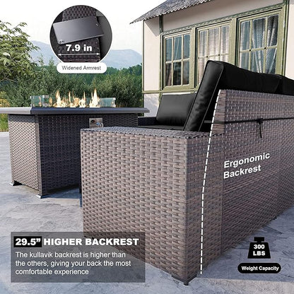 Kullavik 7 Pieces Outdoor Patio Furniture Set with 43" 55000BTU Gas Propane Fire Pit Table PE Wicker Rattan Sectional Sofa Patio Conversation Sets