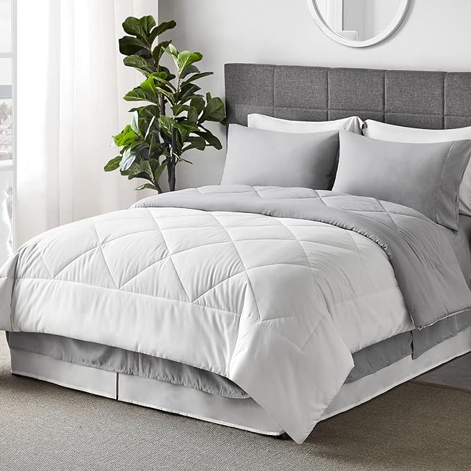Bedsure White Queen Comforter Set - 7 Pieces Reversible White Bed Set , Bedding Set White with Comforters, Sheets, Pillowcases & Shams, White Bed in a Bag