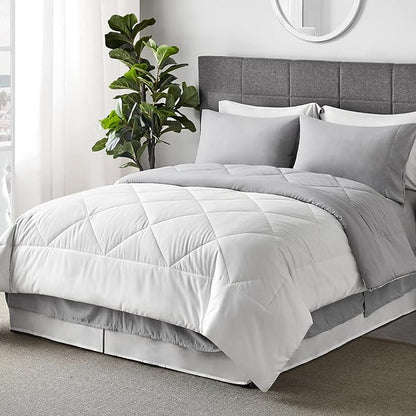 Bedsure White Queen Comforter Set - 7 Pieces Reversible White Bed Set , Bedding Set White with Comforters, Sheets, Pillowcases & Shams, White Bed in a Bag