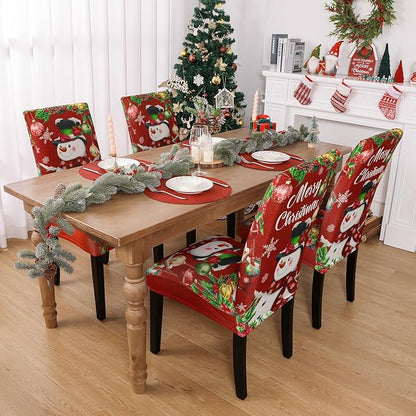 U'Artlines Christmas Chair Covers Set of 4, Removable Washable Merry Christmas Dining Chair Seat Covers Stretch Protector Slipcovers for Dining Room Kitchen Holiday Party Decor, Snowman