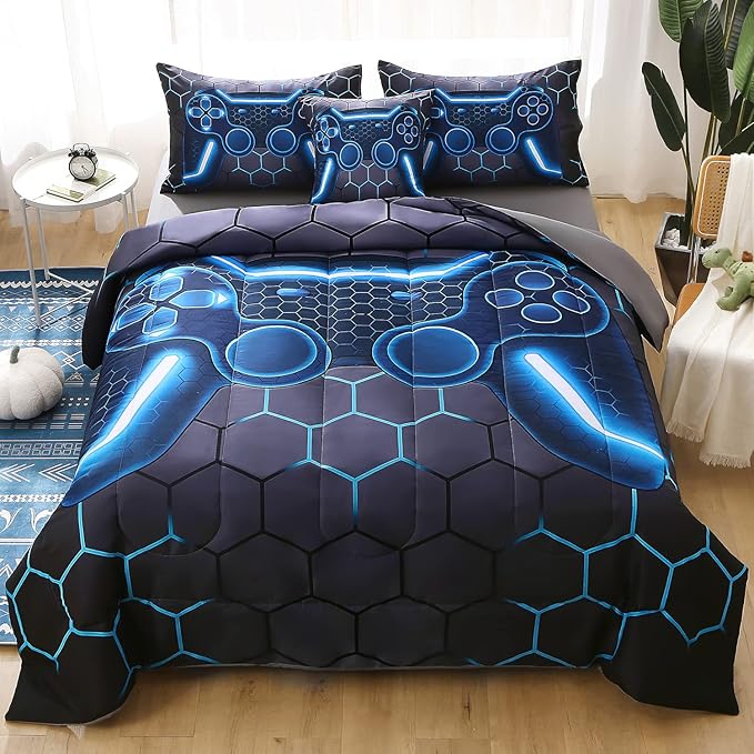 JQinHome Queen Gamer Comforter Set,6 Piece Bed in A Bag 3D Video Game Bedding -All Season Down Alternative Gamer Bedding Sets - (Blue Game Controller)