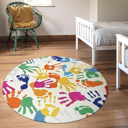Colorful Round Rug for Kids Bedroom, 4'x4' Handprints and Footprints Circle Rug for Playroom, Rainbow Washable Rug for Nursery, Small Circular Carpet for Classroom Dorm Daycare