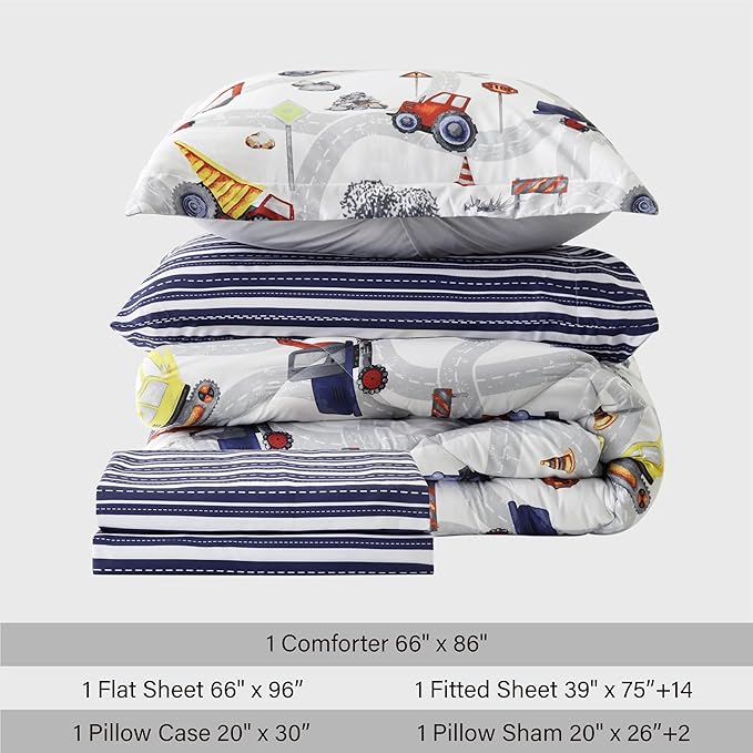 Truck Twin Comforter Set for Boys,5 Pieces Kids Bedroom Bedding Set with Sheets and Pillowcase,Super Soft Lightweight for All Seasons,Car,Machine Washable