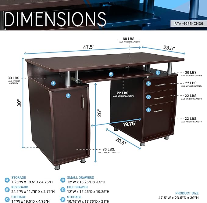 NicBex Laik-DW-00044-DX Desks, 47.5" W x 23.5" D x 30" H, Chocolate