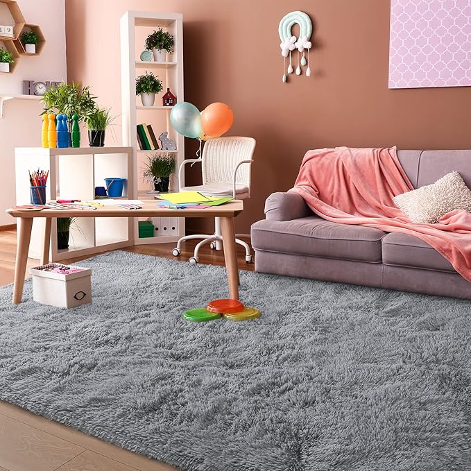 Super Soft Fluffy Shaggy Rugs 6x9 Feet for Living Room Bedroom, Fuzzy Plush Area Rugs for Girls Kids Room Nursery Home Decor, Furry Dorm Throw Rug Cute Non-Slip Indoor Floor Carpet, Grey