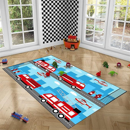 Car Rug Play Mat Car Rug Play Mat Car Rug for Boys Room Fire Fighting Truck Red Car Printed Rug Play Rug for Cars and Trucks Play Rugs for Kids Rooms,Light Blue 2'5''×4'