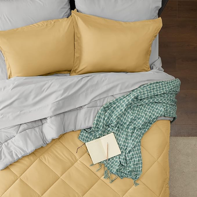 Bedsure Yellow Full Size Comforter Set - 7 Pieces Reversible Full Bed in a Bag Full Bed Set with Comforters, Sheets, Pillowcases & Shams, Full Bedding Sets