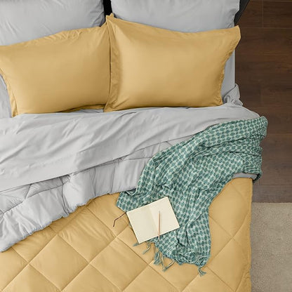 Bedsure Yellow Queen Comforter Set - 7 Pieces Reversible Queen Bed in a Bag Queen Bed Set with Comforters, Sheets, Pillowcases & Shams, Queen Bedding Sets