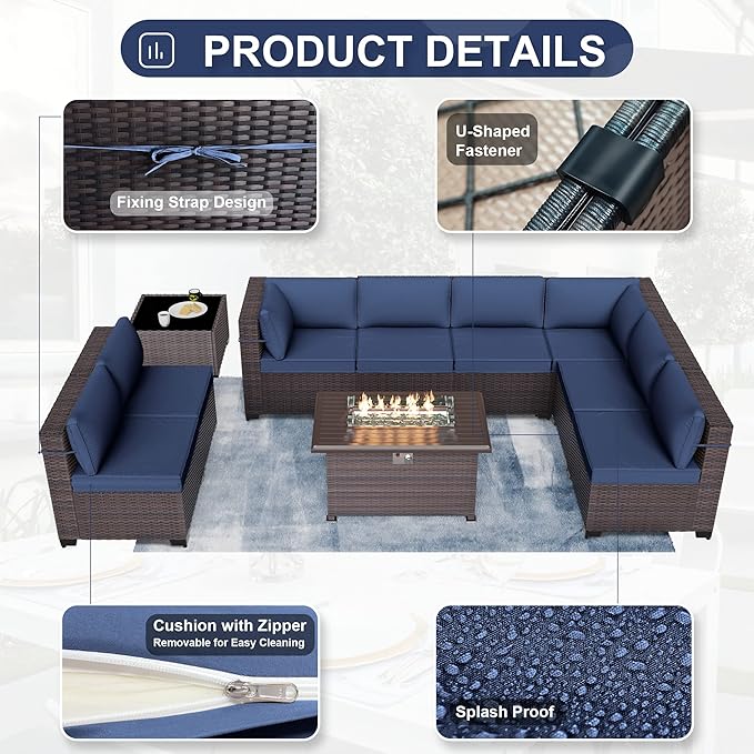 Patio Furniture Sectional Sofa Set 13PCS PE Rattan Swivel Rocking Chairs Patio Conversation Set w/43in Gas Fire Pit Table, Outdoor Furniture with 55000 BTU Propane Fire Pit, Navy Blue