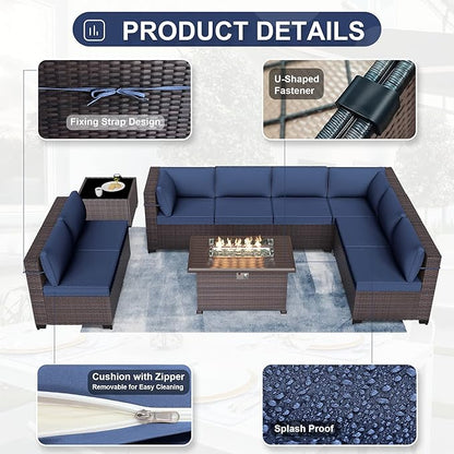 Patio Furniture Sectional Sofa Set 13PCS PE Rattan Swivel Rocking Chairs Patio Conversation Set w/43in Gas Fire Pit Table, Outdoor Furniture with 55000 BTU Propane Fire Pit, Navy Blue