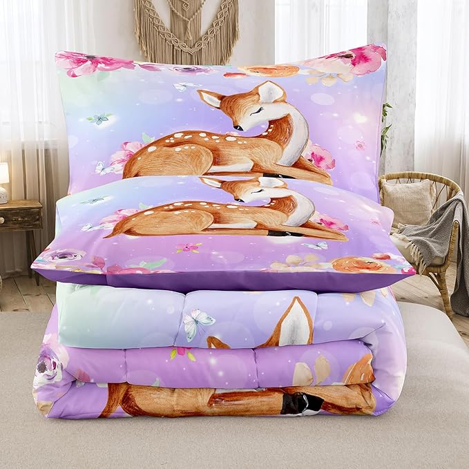 NINENINE Deer Bedding Kawaii Deer Comforter Sets for Girls Kids,Cute Deer Bedding Queen Size Comforter sets for Girls,Watercolor Wildlife Bedding Set with 1 Comforter 2 Pillowcases…