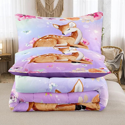 NINENINE Deer Bedding Kawaii Deer Comforter Sets for Girls Kids,Cute Deer Bedding Queen Size Comforter sets for Girls,Watercolor Wildlife Bedding Set with 1 Comforter 2 Pillowcases…