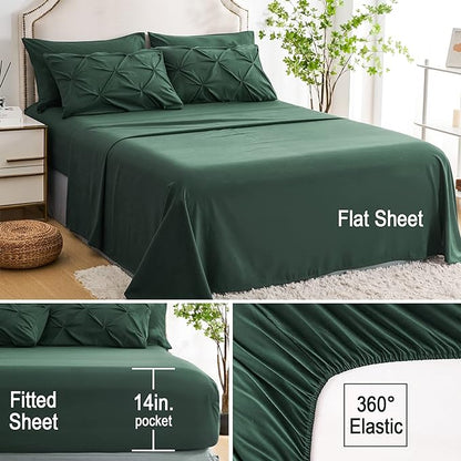 Ubauba 7pc King Size Comforter Set with Sheets Dark Green, Emerald 7 Pieces Pinch Pleat Bed in a Bag, All Season Hunter Green Beddings Set with Comforters (Green,King)