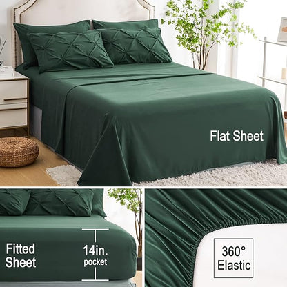 Ubauba 7pc Dark Green Full Size Comforter Set with Sheets, Emerald Green Pinch Pleating Bed in a Bag with Comforter 7 Piece Set, All Season Pintuck Bedding Sets (Green,Full)