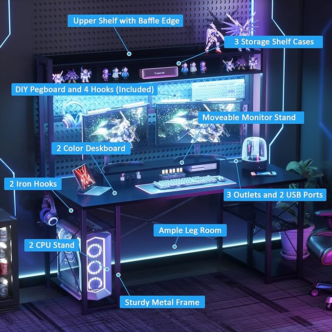 armocity 2024 Upgrade Gaming Desk with Hutch, 55.2'' Magic Computer Desk with LED Lights and Outlets, Reversible Workstation Desk with Pegboard and Monitor Stand, Gamer Desk PC Table, Black