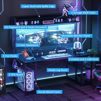 armocity 2024 Upgrade Gaming Desk with Hutch, 55.2'' Magic Computer Desk with LED Lights and Outlets, Reversible Workstation Desk with Pegboard and Monitor Stand, Gamer Desk PC Table, Black