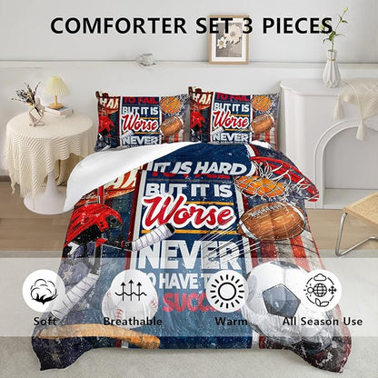 Axolotl Sports Comforter Set Full Size,Sports Theme Comforter Set Football Baseball Bedding Set,Sports Bedding Set 3D Soccer Comforter Set Basketball Bedding for Kids Boys Teens,1 Quilt 2 Pillowcases