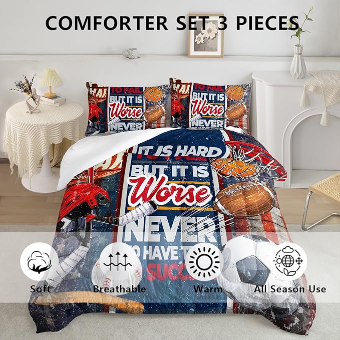 Axolotl Sports Comforter Set Twin Size,Sports Theme Comforter Set Baseball Football Bedding Set,Sports Bedding Set 3D Soccer Comforter Set Basketball Bedding for Boys Teens Men,1 Quilt 2 Pillowcases