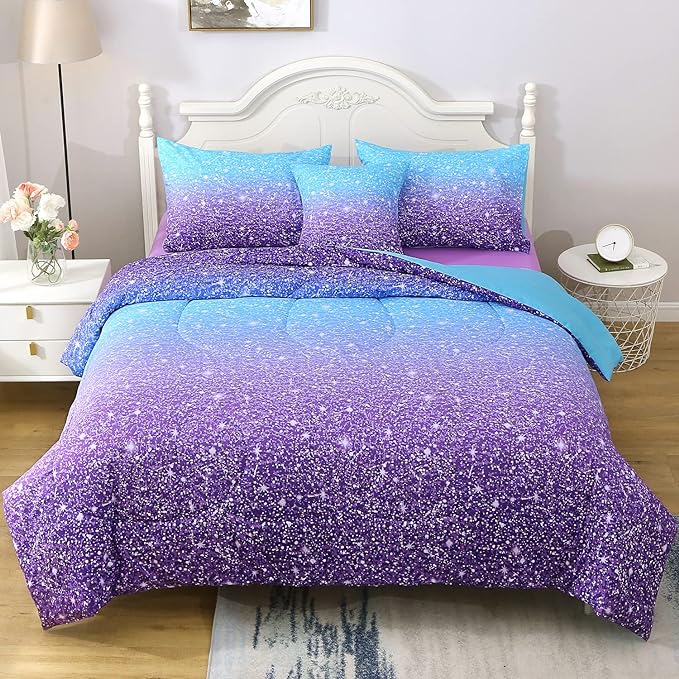JQinHome Queen Blue Purple Comforter Set, 6 Piece Bed in A Bag 3D Colorful Ombre Bedding Set for Girls Women (1 Comforter,2 Pillowcases,1 Flat Sheet,1 Fitted Sheet,1 Cushion Cover)(Blue Purple)