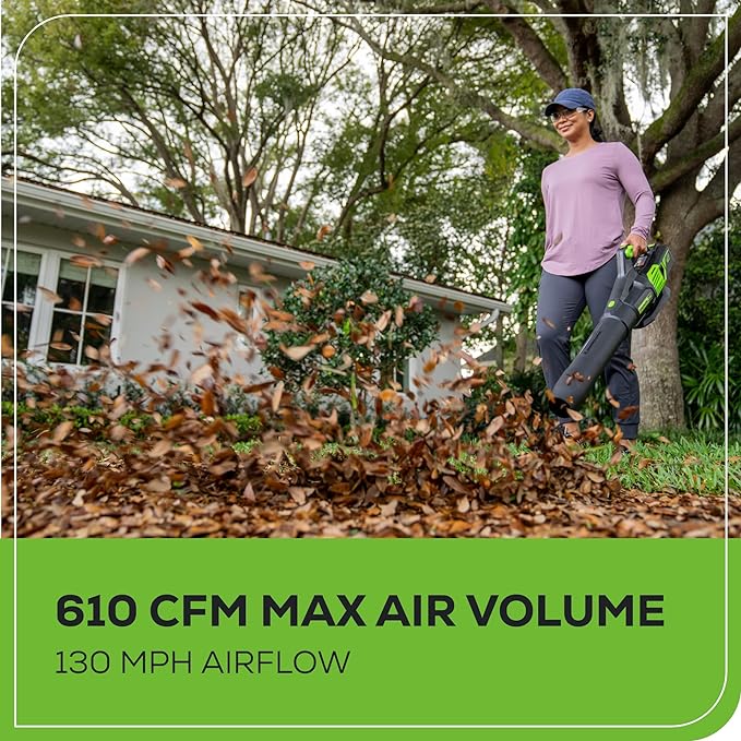Greenworks 60V 610 CFM Cordless Leaf Blower, 2.5 Ah Battery and Rapid Charger