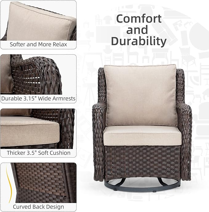 IDEALHOUSE 3 Pieces Outdoor Wicker Swivel Rocker Patio Set, 360-Degree Swivel Rocking Chair Elegant Wicker Patio Bistro Set with Tempered Glass Top Side Table (Apricot)