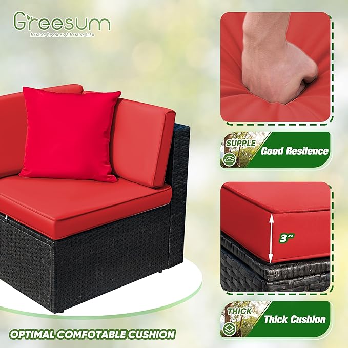Greesum 3 Piece Patio Conversation Set Wicker Rattan Furniture Outdoor Sofa with Cushions,Pillows & Glass Table for Porch,Lawn and Yard, Red