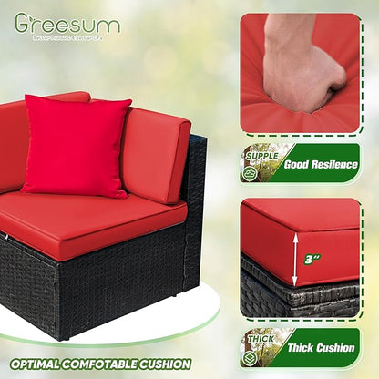 Greesum 3 Piece Patio Conversation Set Wicker Rattan Furniture Outdoor Sofa with Cushions,Pillows & Glass Table for Porch,Lawn and Yard, Red