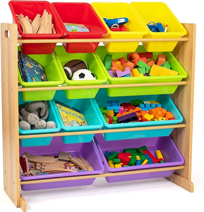 Humble Crew Kids Toy Storage Organizer with 12 Storage Bins, Rainbow/Natural Wood