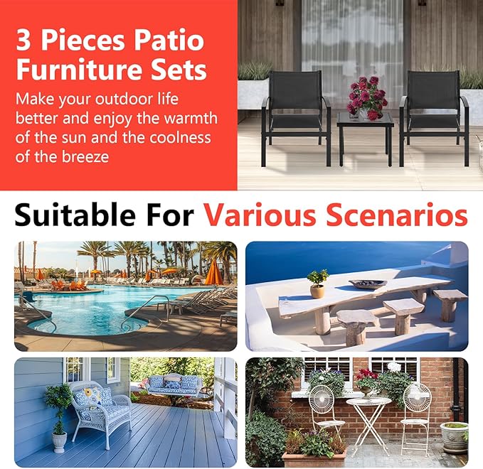 FDW 3 Pieces Patio Furniture Set, Outdoor Garden Patio Conversation Sets with Glass Top Table & 2 Lawn Chairs Outdoor Bistro Set, for Backyard Lawn Porch Garden Poolside Balcony