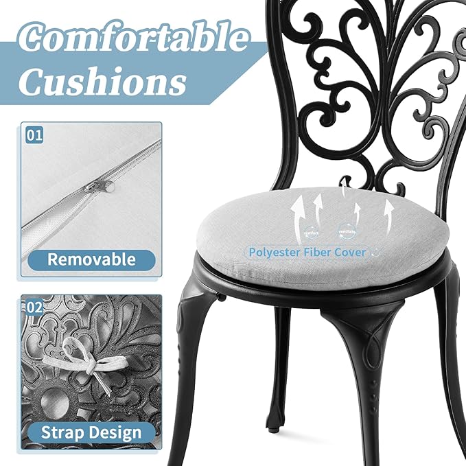 Patio Bistro Set 3 Piece Outdoor, All Weather Bistro Table and Chairs Set of 2 with Umbrella Hole, Outdoor Bistro Set with Cushions, Cast Aluminum Patio Furniture Set for Garden Porch