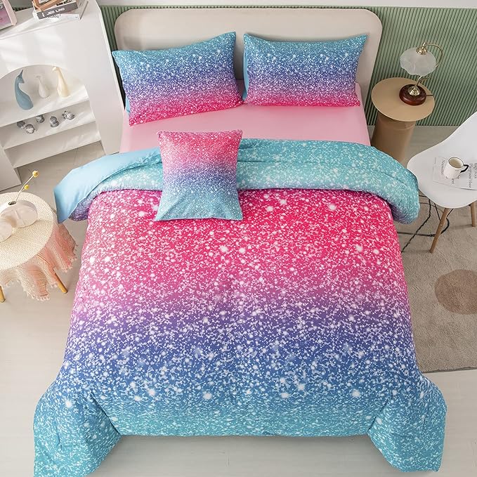 PERFEMET Girls Comforter Set Queen Size, 6 Piece Bed in A Bag, Colorful Rainbow Bedding Set with Comforter and Sheet, Gradient Pink Glitter Galaxy Bed Set for Teen Girls Kids Women, Blue Turquoise
