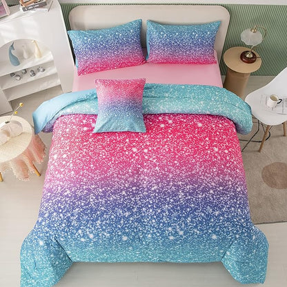 PERFEMET Girls Comforter Set Queen Size, 6 Piece Bed in A Bag, Colorful Rainbow Bedding Set with Comforter and Sheet, Gradient Pink Glitter Galaxy Bed Set for Teen Girls Kids Women, Blue Turquoise