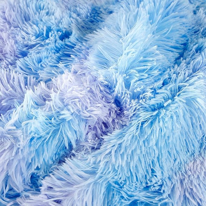 WINLIFE Shaggy Bedding Comforter Set Faux Fur Flannel Furry Comforter Microfiber Plush Comforter Sets Pastel Gradient Ombre Tie Dye MultiColor Bedding for Girls Adults (3Pcs, Twin, Purple Blue)