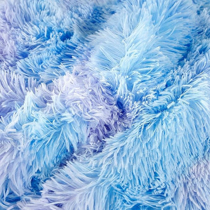 WINLIFE Shaggy Bedding Comforter Set Faux Fur Flannel Furry Comforter Microfiber Plush Comforter Sets Pastel Gradient Ombre Tie Dye MultiColor Bedding for Girls Adults (3Pcs, Queen, Purple Blue)