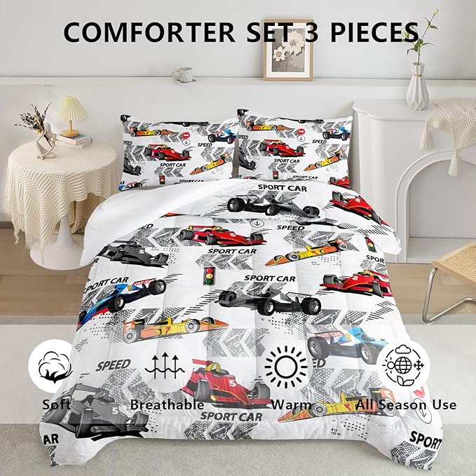 Axolotl Racing Car Comforter Set Twin Size,Extreme Sports Boys Bedding Set for Boys Teens Girls Car Racing Gifts,Race Cars Quilt Bed Set with 1 Comforter 2 Pillowcases,Multi Color