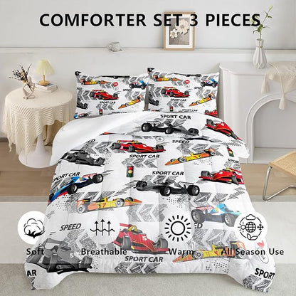 Axolotl Racing Car Comforter Set Queen Size,Extreme Sports Boys Bedding Set for Boys Teens Girls Car Racing Gifts,Race Cars Quilt Bed Set with 1 Comforter 2 Pillowcases,Multi Color
