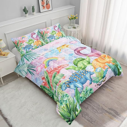 Datura home Kids Dinosaur Comforter Set for Girls Women,Cute Mermaid Scales and Rainbow Cloud Printed Pattern Kawaii Dinosaur Bedding Set with 2 Pillowcases(Dinosaur Rainbow Queen)