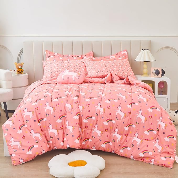 Mooreeke Full Size Comforter Sets for Girls Kids, 8 Pieces Bed in a Bag Pink Unicorn Rainbow Bedding Comforter Sheet Set with Shams and Decorative Toy Pillow, Ultral Soft Microfiber Kids Bed Set