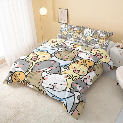 Kawaii Cat Comforter Queen Size,Cute Cat Comforter Set for Kids Teens Girls,3Pcs Bedding Set Printed Comforter with 2 Pillowcases,Down Alternative,Soft and Lightweight，Queen Size