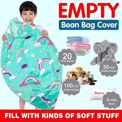 Lukeight Unicorns Stuffed Animal Storage Bean Bag Chair Cover for Kids, Unicorns Zipper Beanbag Chair Cover for Organizing Toddler & Kids' Rooms Plush Toys (Rainbow Green, XX-Large)
