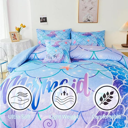 RYNGHIPY 6Pcs Mermaid Tail Comforter Set for Kids Girls, Mermaid Fish Scale Bed in a Bag Queen Size, Sparkle Teal Purple Rainbow Bedroom Decor Bedding Set