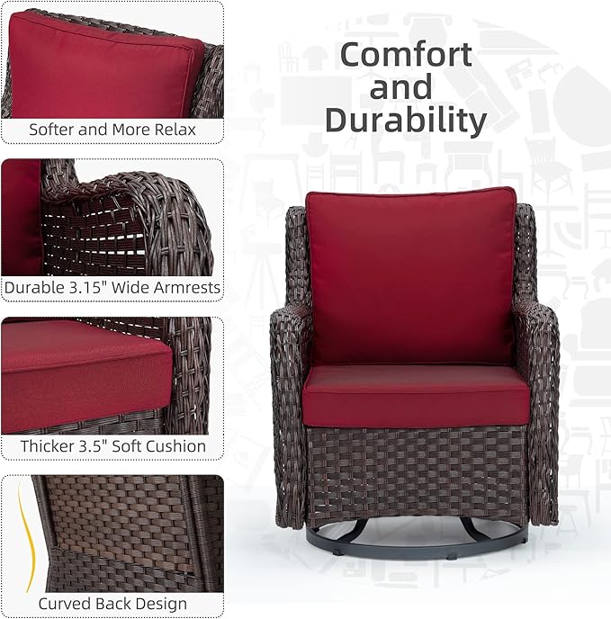 IDEALHOUSE 3 Pieces Outdoor Wicker Swivel Rocker Patio Set, 360-Degree Swivel Rocking Chair Elegant Wicker Patio Bistro Set with Tempered Glass Top Side Table (Rust Color)