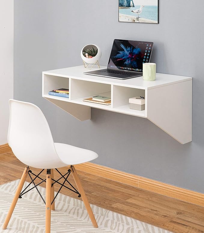 Wall Mounted Office Computer Desk with Three Compartments, White
