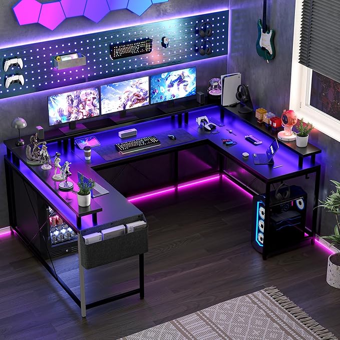 U Shaped Computer Gaming Desk, Reversible L Shaped Desk with Power Outlets, LED Strip & Monitor Stand, Large Corner Desk with Storage Shelves for Home Office, Black